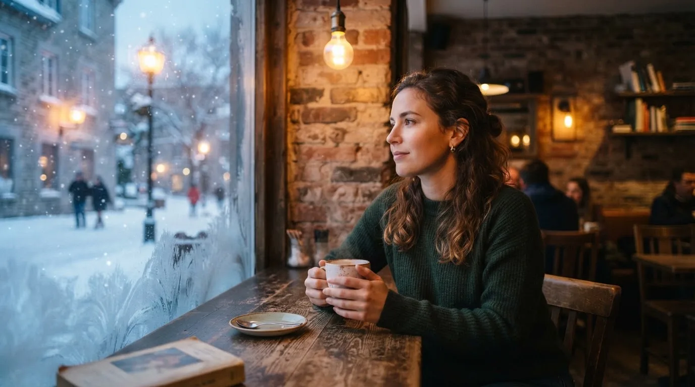 Kvinne tar en pause med kaffekopp ved et vindu og ser ut på en snødekt gate