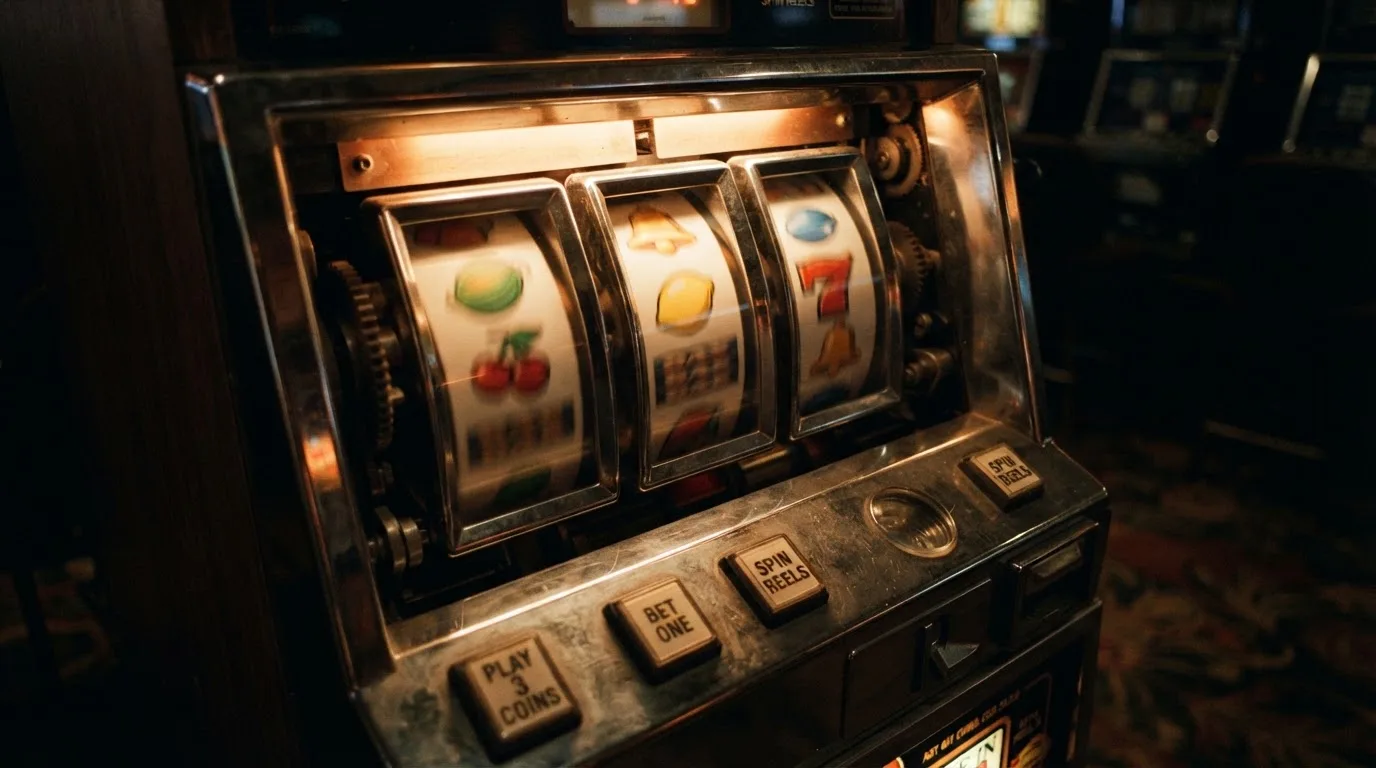 Tre hjul i bevegelse på en fysisk spilleautomat i et dempet belyst rom, med uskarp bevegelse
